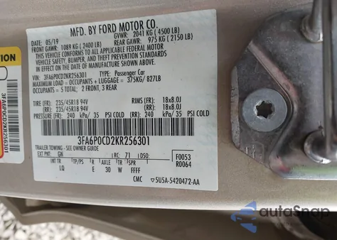 2019 Ford Fusion Sel z USA, uszkodzony, nr VIN 3FA6P0CD2KR256301